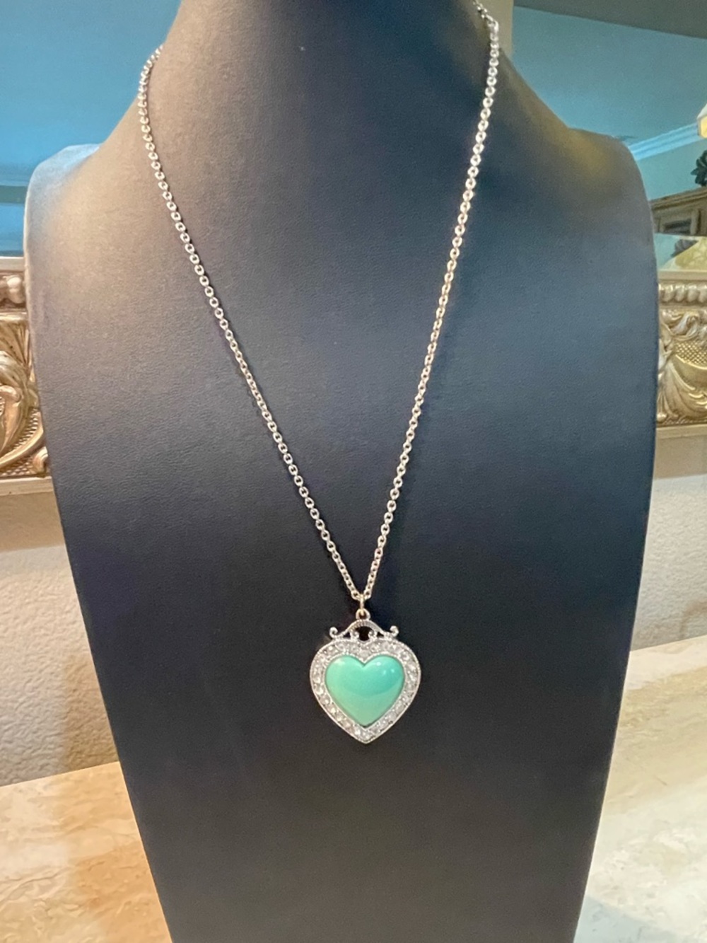 Heart Pendant Necklace with Mint Green Stone
